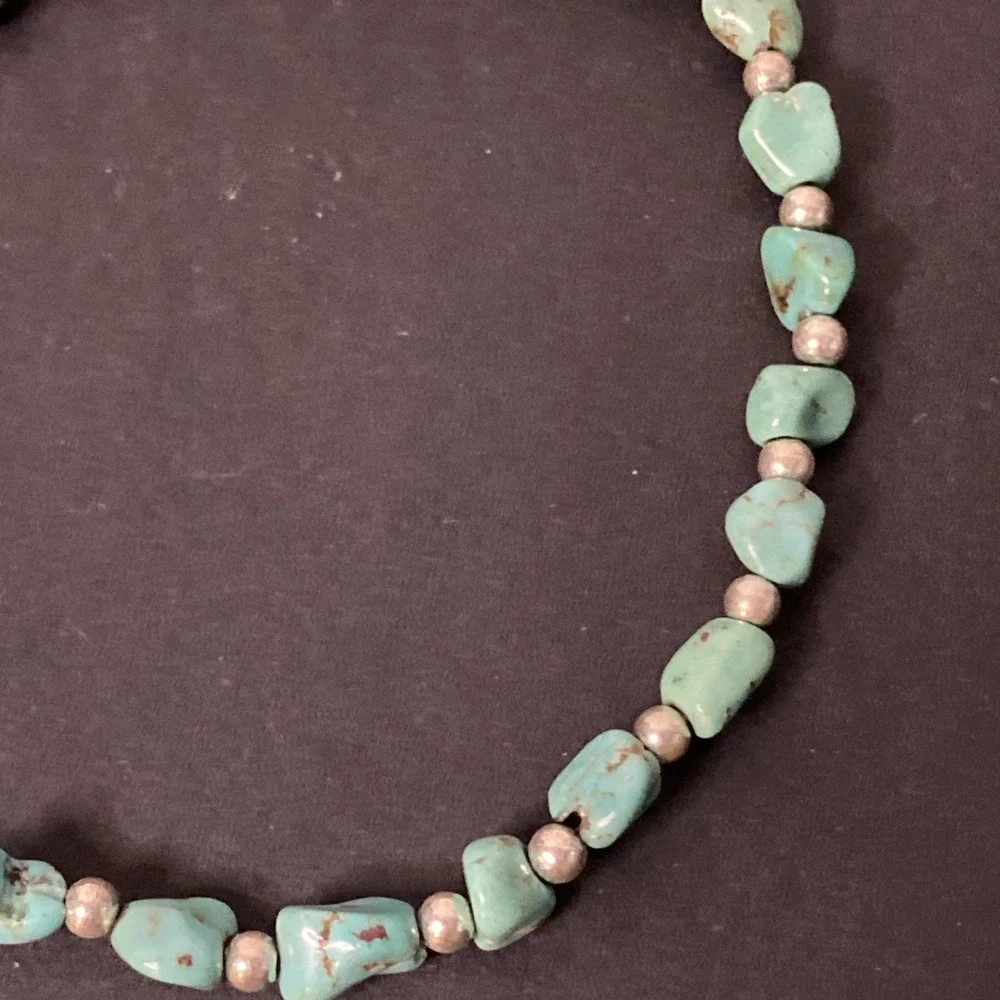 Vtg Turquoise & Sterling Silver Bead Stretch Bracelet W/ 925 Italy Heart Charm